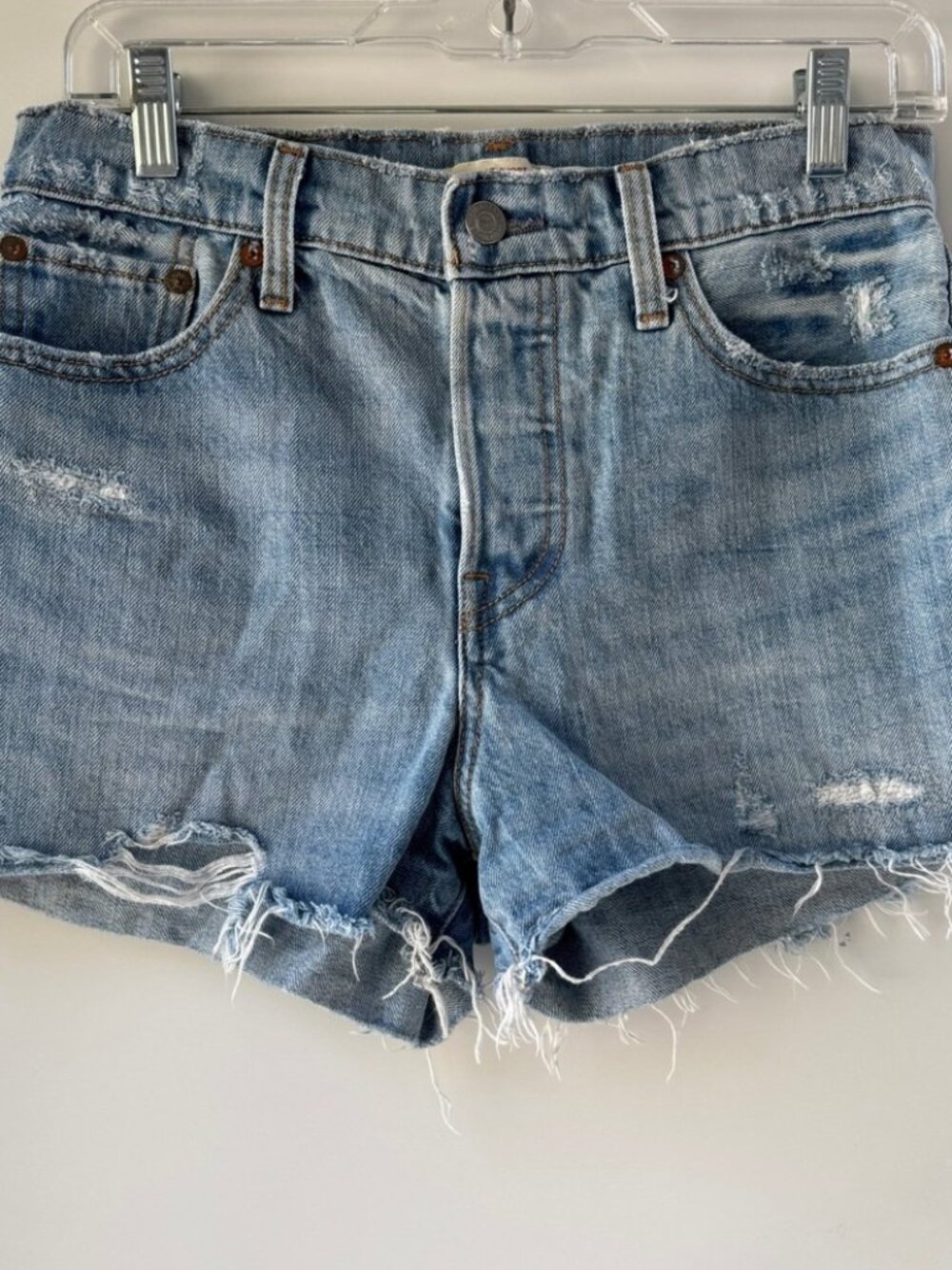 Levis Wedgie Shorts Size 28 Light Blue Distressed Denim High Rise Button Fly